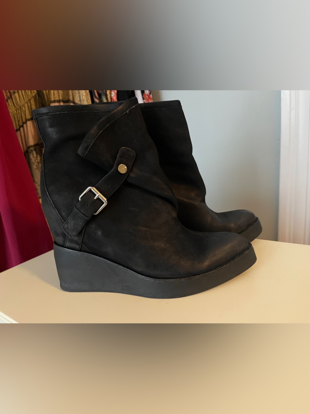 Black Wedge Suede Ankle Boots with Buckle